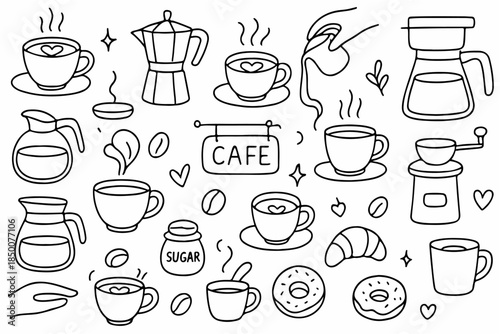 Hand-drawn doodle vector set of coffee culture and barista art elements, created in a fun doodle style, isolated on white background
