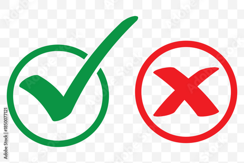 Green check mark and red cross symbols for yes no correct incorrect choices approval rejection vector