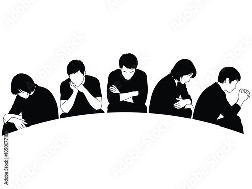 A row of people with heads bowed in a black and white illustration
