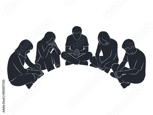 Silhouettes of people sitting in a circle heads bowed in contemplation