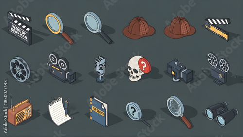 Retro Detective and Film Icons Vintage Clapperboards, Magnifying Glasses, and Old-Fashioned Camera Equipment