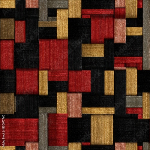 Multicolored Textile Pattern with Red, Black, Gold, and Brown Rectangular Tiles.