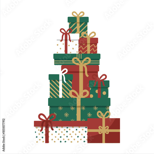 A tall stack of festive Christmas gift boxes, adorned with red and green wrapping paper and golden ribbons, waiting to be opened