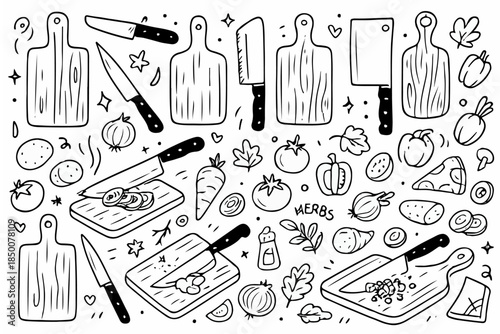 Hand-drawn doodle vector set of cutting boards, knives, and vegetables, illustrated in a fun doodle style, isolated on white background
