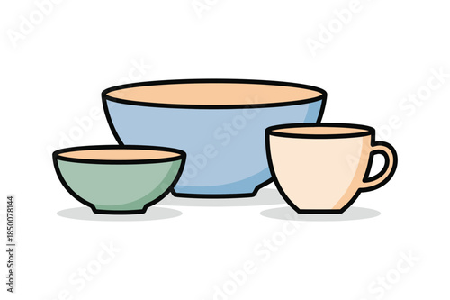Colorful ceramic bowls and a cup vector art illustration