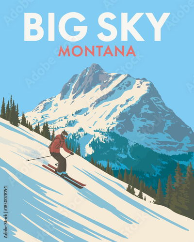 Ski Vintage Poster Illustration with Snowy Mountain Background