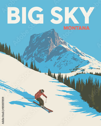 Ski Poster Vintage Illustration with Snowy Mountain Landscape