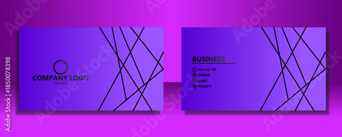 Modern purple gradient business card design with abstract black lines, featuring a company logo placeholder and business contact information.