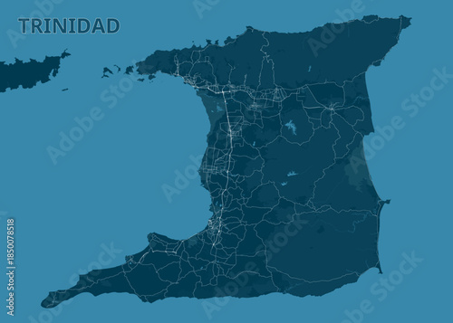 A detailed map of Trinidad is presented in shades of blue. The landmass is a darker blue, contrasted against a lighter blue background representing the surrounding water.