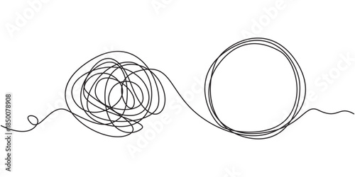 Chaos and mess circle continuous line drawn Psychotherapy linear concept vector problem solution symbol. Open book with chaos and mess circle continuous one line drawn Problem solution symbol, pro