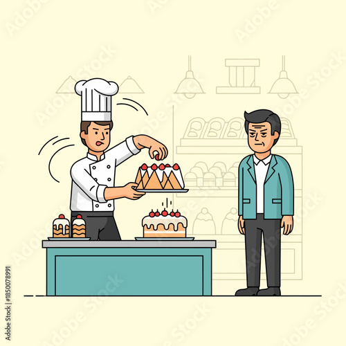 Chef Decorating Cake for Customer in Bakery Shop Illustration