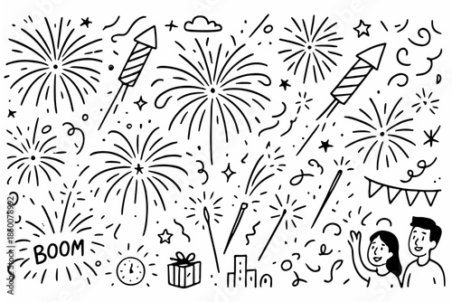 Hand-drawn doodle vector set of fireworks festival doodles rockets and explosions, created in a fun, sketchy style, isolated on white background
