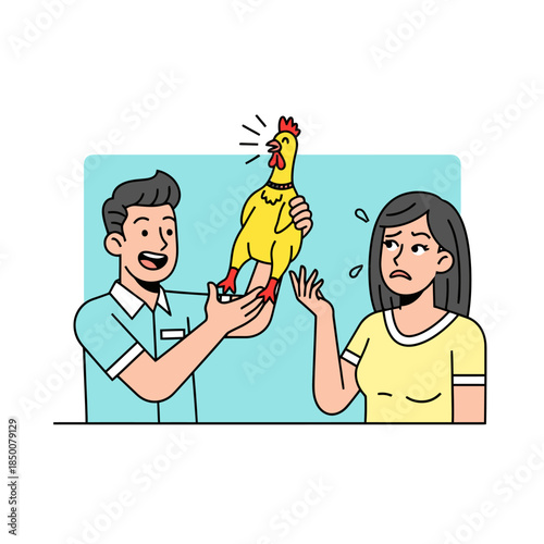 Man holds loud squeaky rubber chicken while woman looks distressed