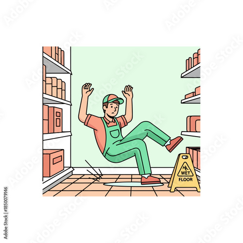 Employee slips on wet floor in store aisle near safety sign