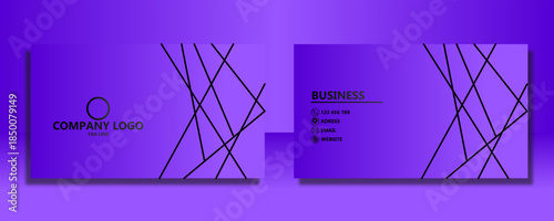 A pair of modern business cards with a purple gradient background and abstract black line design, showcasing front and back views.