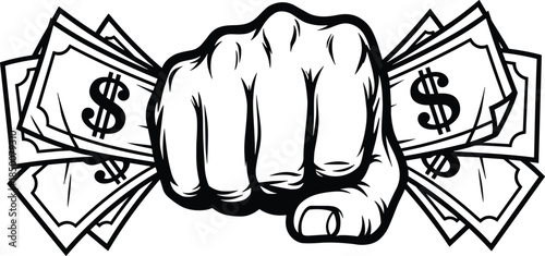 Black and white graphic of a fist with dollar bills emerging from the sides money cash