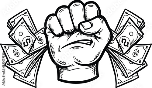 Black and white illustration of a clenched fist holding dollar bills money cash
