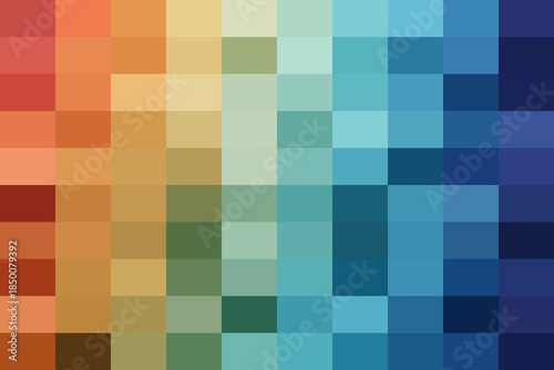 Abstract pixel art background with a vibrant color gradient, showcasing a transition from warm red-orange to cool blue hues.