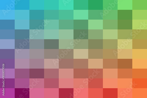 Abstract pixelated background featuring a harmonious gradient of vibrant colorful squares, showcasing a full spectrum of hues in a perfect grid.