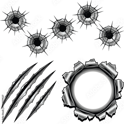 Bullet Holes Claw Marks and Torn Metal Hole on White Background Keywords: bullet holes, impact, damage, cracked, shattered, glass