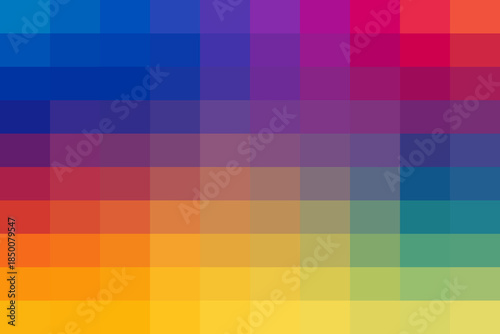 Vibrant pixel mosaic background with a smooth gradient transition from blue and purple to orange, yellow, and green. modern abstract design.