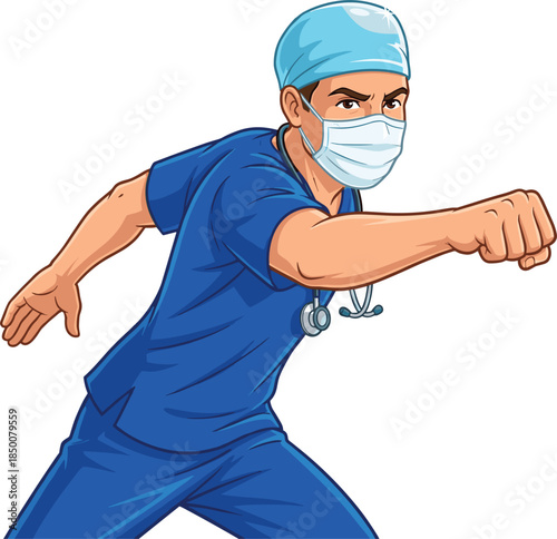 Cartoon Doctor in Blue Scrubs and Mask in Dynamic Action Pose on White Background surgeon medical professional