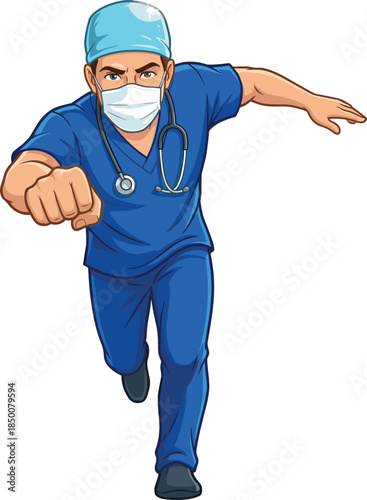 Cartoon Doctor in Blue Scrubs and Mask Running with Fist Forward on White Background surgeon medical