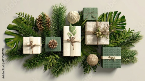 Green fir branches with wrapped gifts and holiday elements, isolated 3D render