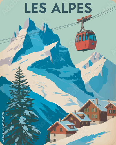 Ski Resort Vintage Poster with Gondola Lift and Mountain Chalet