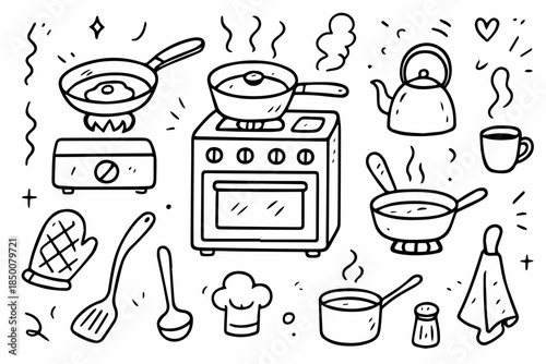 Hand-drawn doodle vector set of gas stove frying pans and kettles, created in a fun doodle style, isolated on white background

