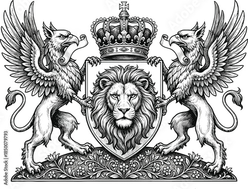 Detailed Black and White Heraldic Crest with Lion and Griffins Beneath a Crown coat of arms emblem