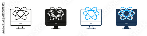 Computer Monitor With Atom Science Line and Solid Icon Set. Education Innovation Research Technology Symbol Collection. Isolated Vector Illustration