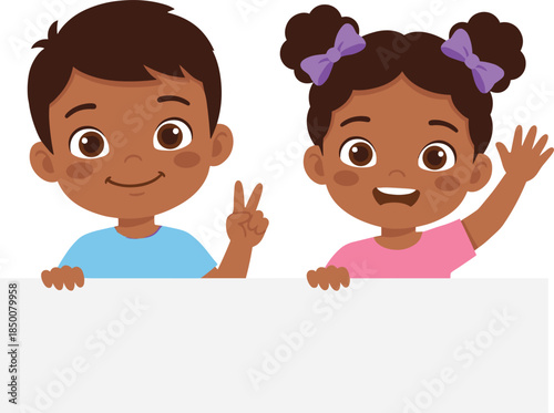 Happy African American Children Holding a Blank Sign with a Peace Sign and Waving kids girl