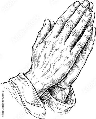 Hand-drawn sketch of praying hands with detailed lines and shading prayer religion