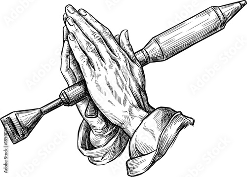 Praying Hands Holding Rocket Launcher Sketch prayer religion