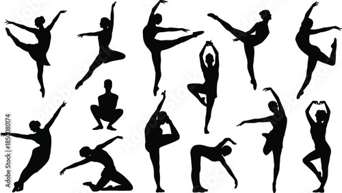Silhouettes of Thirteen Dancers in Various Ballet Poses on White Background Keywords: ballet, dancers, silhouettes, dance, poses