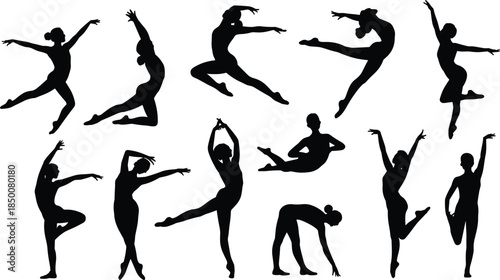 Silhouettes of Eleven Dancers in Various Ballet Poses on White Background Keywords: ballet, dancers, silhouettes, dance, poses