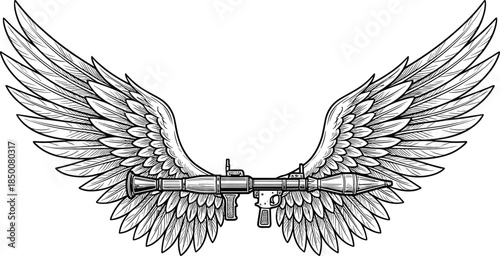 Stylized Line Art Drawing of a Rocket Launcher with Large Feathered Wings Keywords: rocket launcher, rpg, weapon, military, war