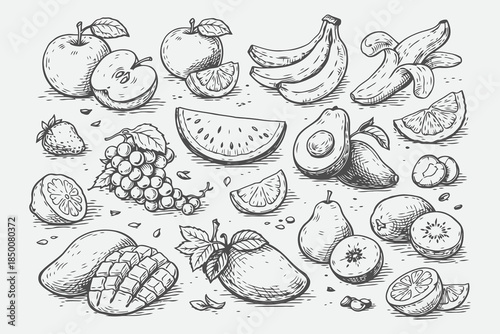 Hand Drawn Fresh Fruit Collection Vector Sketch Illustration Set