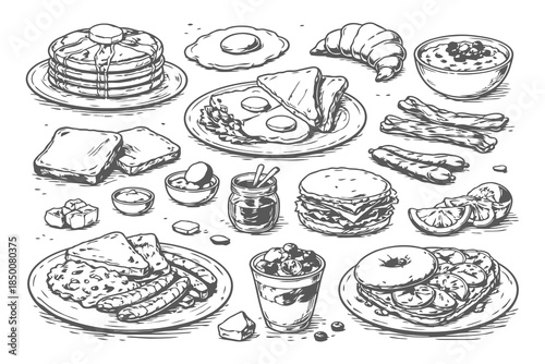 Hand Drawn Breakfast Plate Essentials Vector Sketch Illustration Set