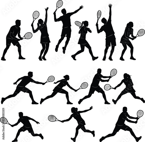 Tennis Players Silhouettes in Various Poses with Rackets on White Background Keywords: tennis, players, silhouettes, male, female