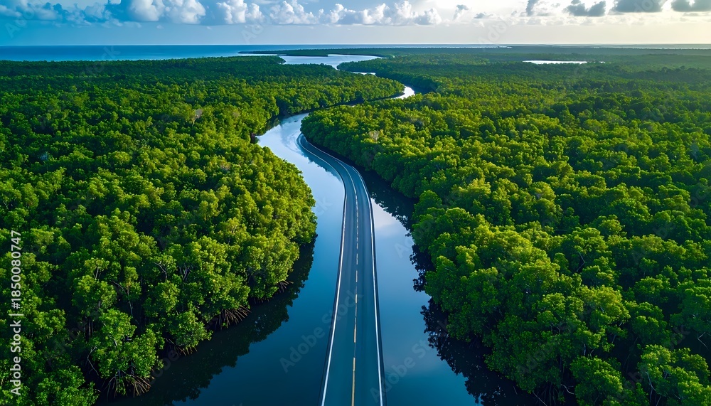 Fototapeta premium Aerial View of Winding River Through Lush Green Mangrove Forest Under Blue Sky.