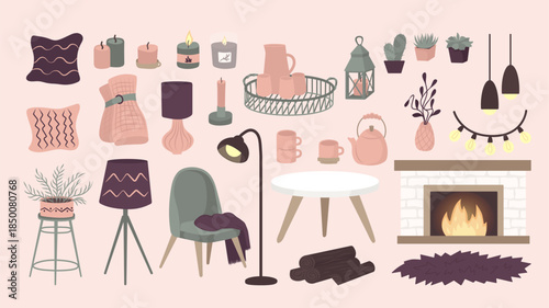 28 interior decor and home furnishings. Scandinavian interior home decorations. Cozy Winter holiday season. Cute Hygge style.