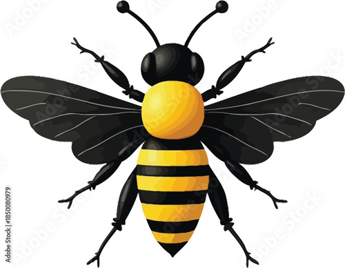 Vector art of a textured, stylized bee with dark wings is presented from a topdown perspective, isolated on white background