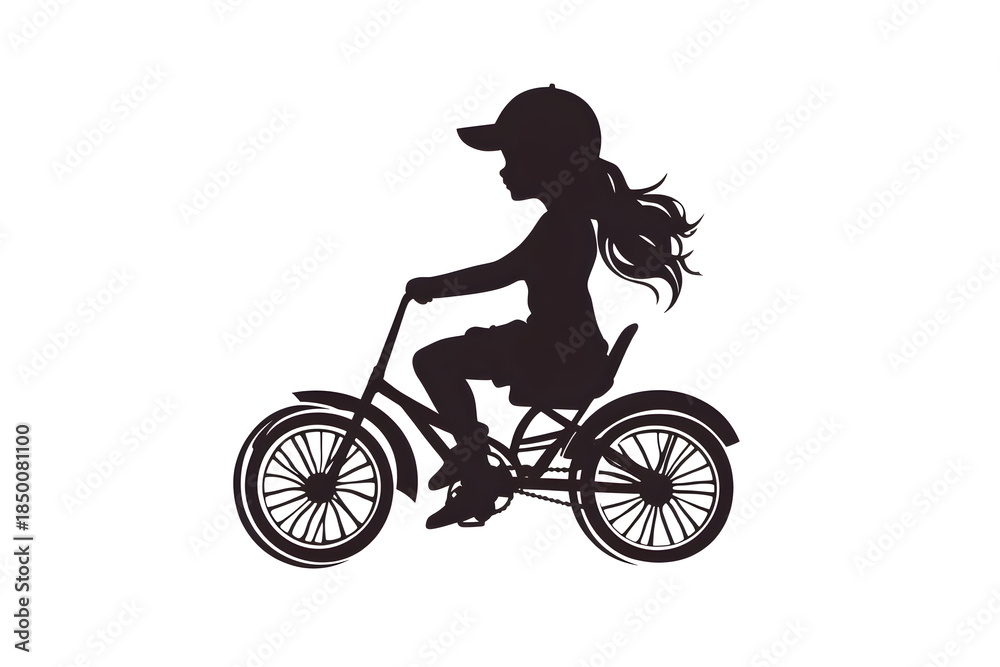 Obraz premium Girl on Bicycle Silhouette: A girl, silhouetted against a plain background, cycles gracefully on her bicycle, radiating a sense of freedom and exploration.
