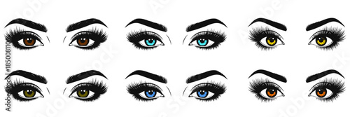 Set of female eyes with different colors and makeup on transparent background