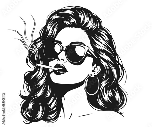 Stylish woman smoking cigarette with sunglasses and hoop earrings