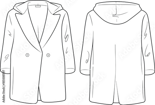 Cad drawing flat vector illustration, stylish oversized hooded coat, double-breasted jacket, cozy fall fashion, casual outerwear for women