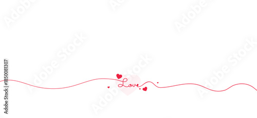 Continuous One Line Drawing of Love Word with Red Hearts on White Background, Minimalist Romantic Typography for Valentine's Day, Wedding Invitation Banner Vector Illustration