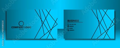 Modern blue gradient business card design with abstract intersecting lines and company logo on the front, and business contact details on the back.